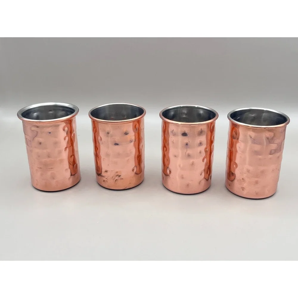 Hammered Copper Shot Glass Set of 4 with Distressed White‎ Metal Caddy Barware